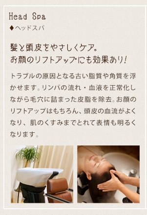 髪と頭皮をやさしくケア。お顔のリフトアップにも効果あり!　トラブルの原因となる古い脂質や角質を浮かせます。リンパの流れ・血液を正常化しながら毛穴に詰まった皮脂を除去。お顔のリフトアップはもちろん、頭皮の血流がよくなり、肌のくすみまでとれて表情も明るくなります。